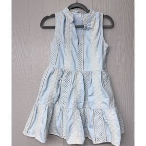 Avara Light Blue Cotton Eyelet Lace Tiered Sleeveless Dress Small Floral Boho